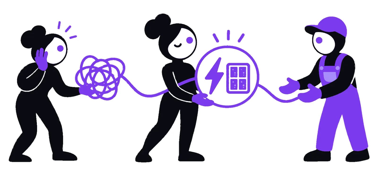 Illustration of a tangled cord, an electrical panel with a lightning mark, and a tradesperson in overalls taking the request