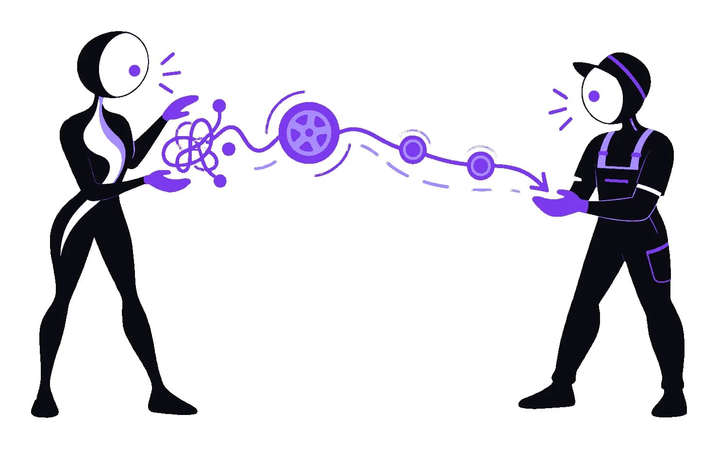 Illustration of a shop owner handing a tangled service request to an auto technician, with a wheel between them