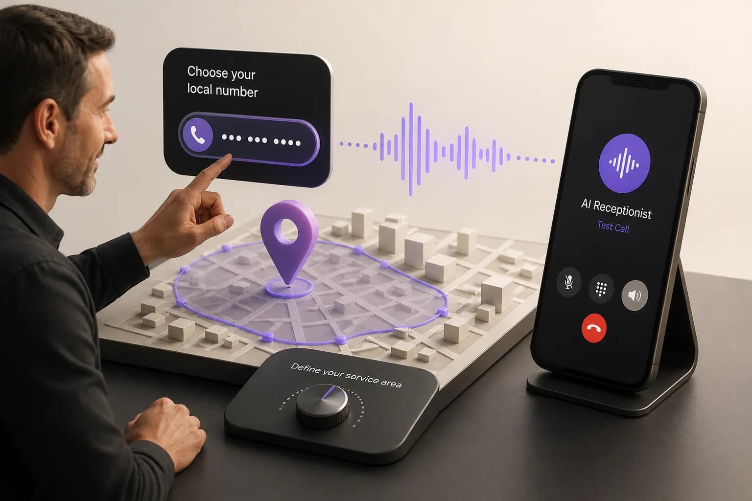 Illustration of choosing a local phone number and connecting it to the receptionist