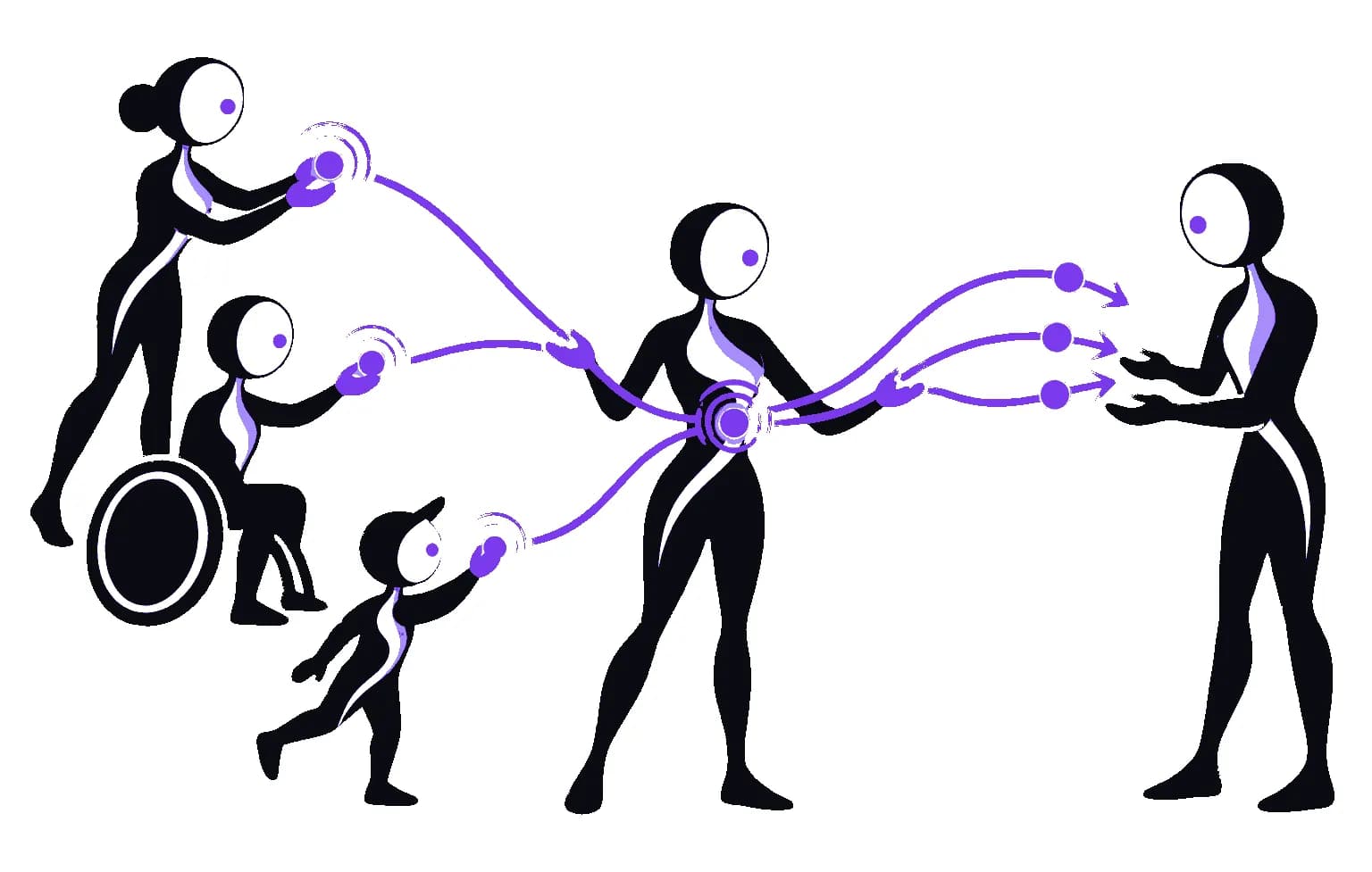 Illustration of several callers, including a wheelchair user, sending their requests to one assistant who passes them on to a teammate