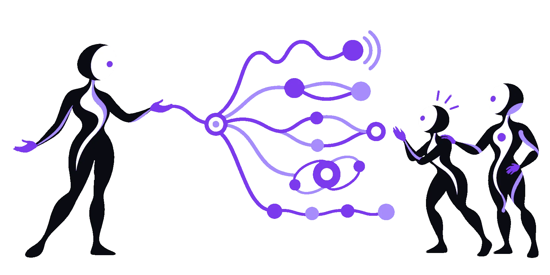 Ava opening one signal into five paths that people and AI agents explore together.