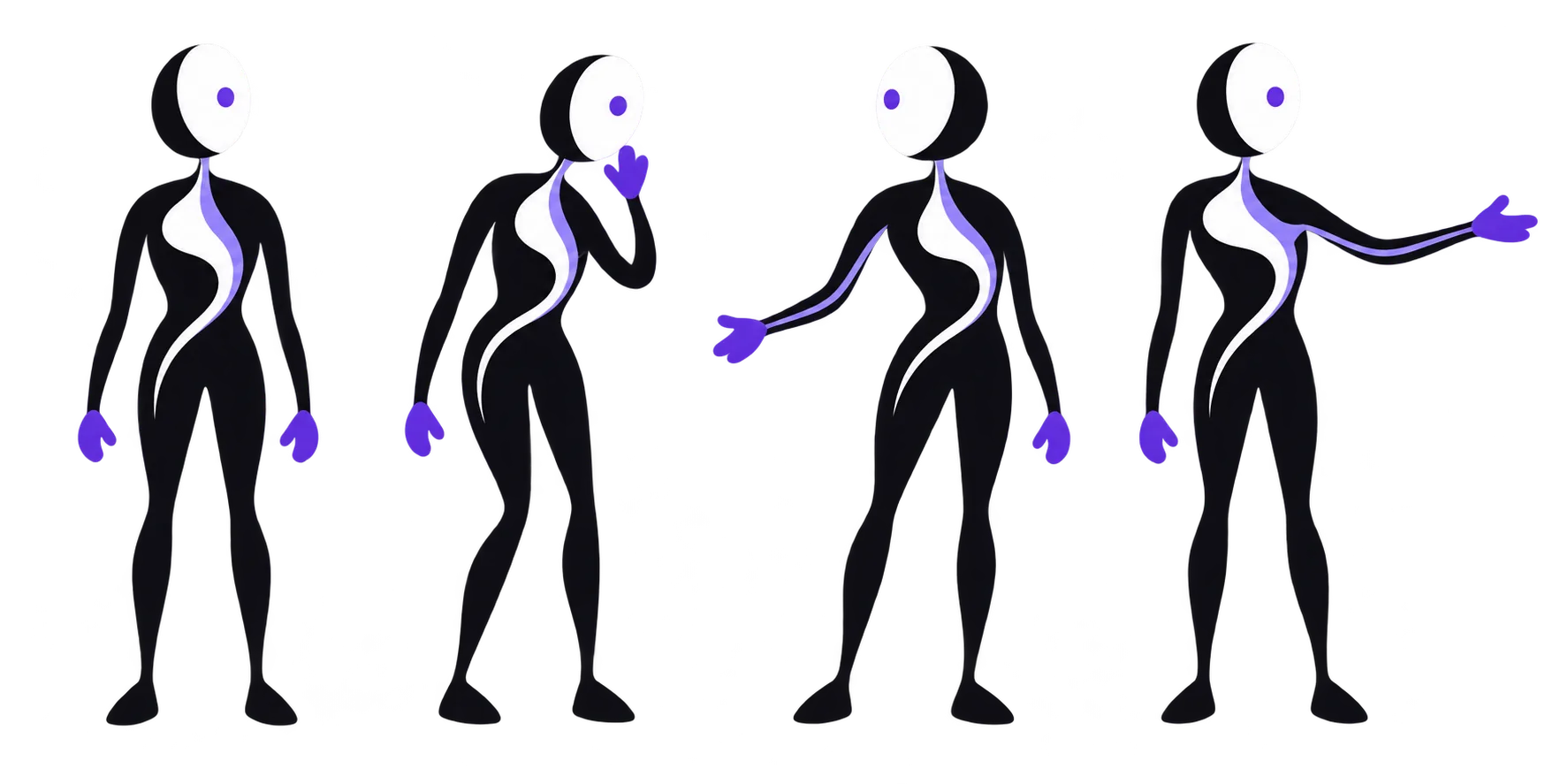 Ava pose sheet: neutral, listening, turning, and a call-to-action stance