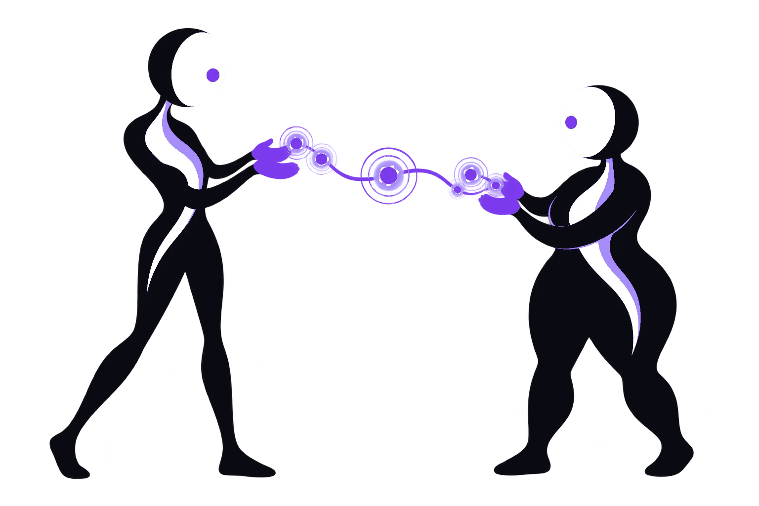 Two signal people exchanging compact pulses, a concept for messaging that is not live